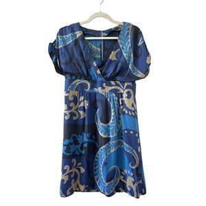 Boden Silk Blue Short Sleeve Paisley Print Shift Dress Women’s Size 8